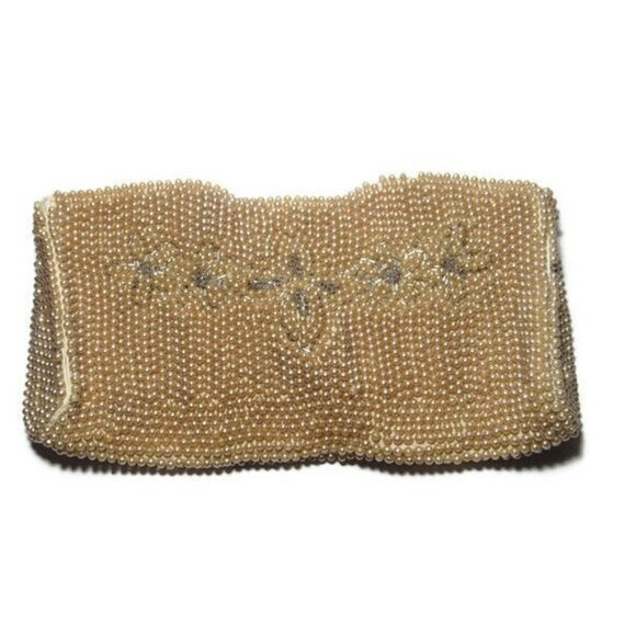 Vintage 1940s Faux Pearl Beaded Floral Small Evening Clutch Handbag Beige Japan